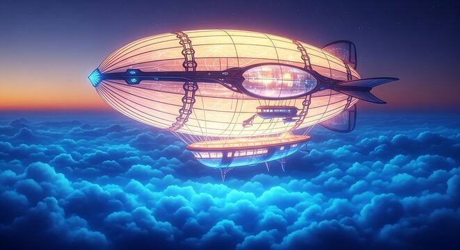 Vintage Blimp Soaring Above Clouds Sunset.