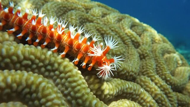 Close-up view of a vibrant fireworm crawling across a healthy brain coral on a sunny day in the ocean