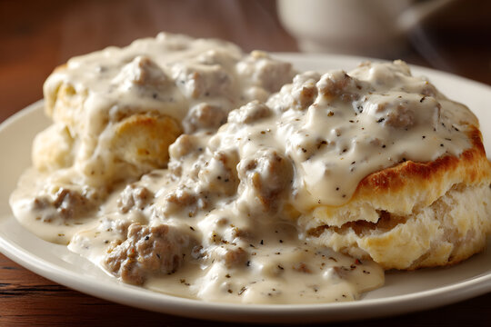 Delicious Southern Biscuits with Savory Sausage Gravy on a White Plate