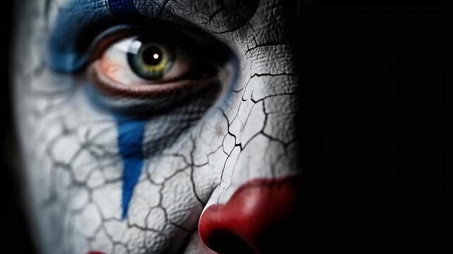 Dramatic close-up of a face with cracked, white skin, a blue stripe, and piercing eye