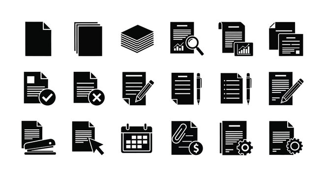 Collection of document and office icons in black silhouette