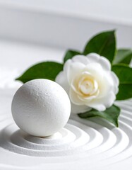 White ball atop concentric sand circles. A white camellia with green leaves rests behind it