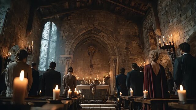 A solemn atmosphere fills the ancient stone church as people gather for a spiritual ceremony, ideal for religious or cultural content.