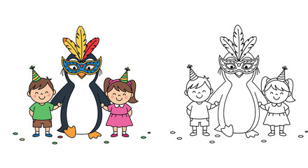 Obraz premium Cute cartoon penguin wearing carnival mask holding hands with happy boy and girl