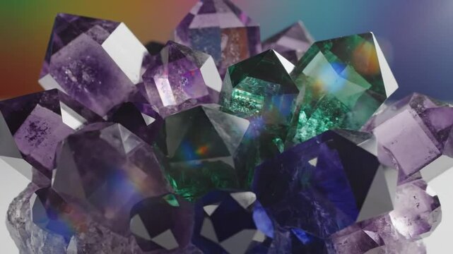 Mesmerizing close up of amethyst and fluorite crystal cluster with light reflection and rainbow prism effect