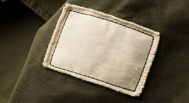Rectangular cream-colored heavy canvas label with frayed edges, sewn onto an olive green canvas jacket
