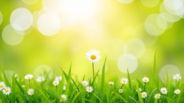 Bright sun over spring meadow. Beautiful summer growth. Nature bokeh background with white daisy flowers on clear green grass.