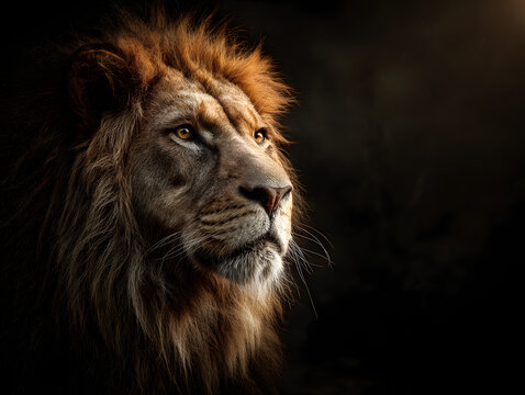 Powerful lion portrait with dark blurred background and golden mane animal wildlife