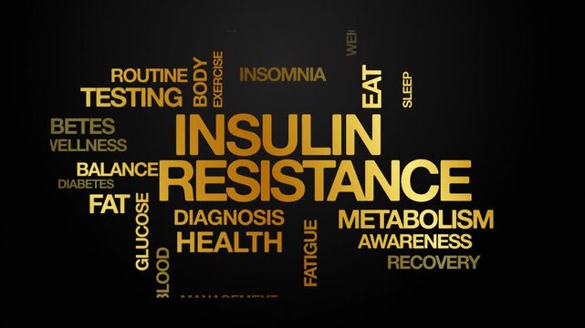 Insulin resistance concept Animated Tag Word Cloud kinetic typography, Text Design Animation typography seamless loop video motion graphics Intro Wordart gold golden type on black background backdrop 
