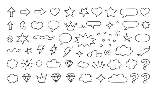 Hand drawn doodle elements set arrows hearts stars lightning bolts question marks and clouds