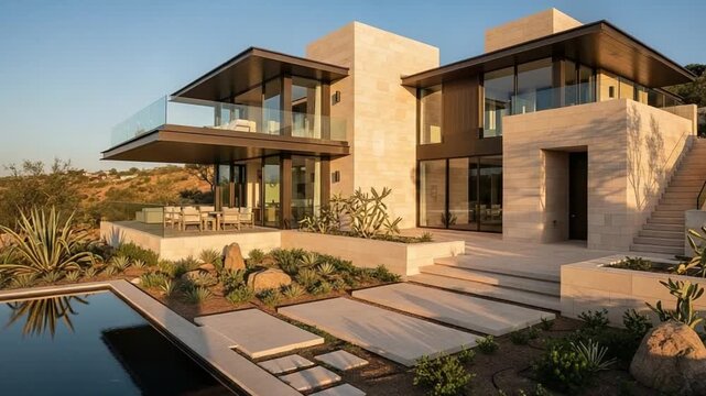 Modern luxury villa exterior at golden hour with infinity pool, glass balcony, stone facade, and sun loungers beside landscaped garden in warm evening light