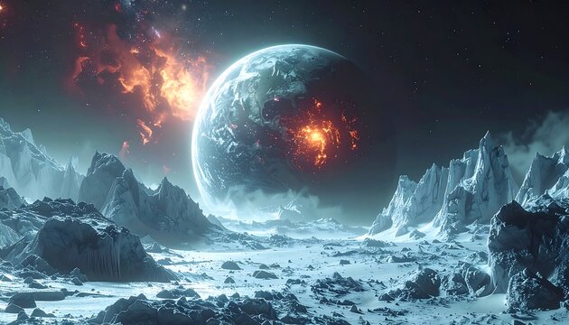 Ice world view of planet ablaze in space. Nebula, snow-capped mountains