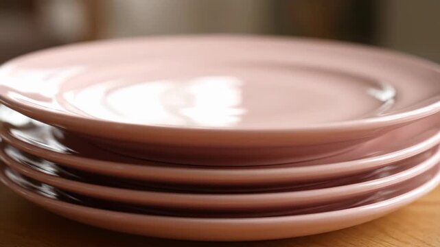 Stack of Pink Ceramic Plates on Wooden Table.
