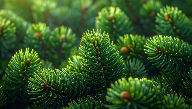 Close-up macro view of vibrant evergreen tree needles. Natural light highlights detailed texture and vibrant green hues. Bokeh effect