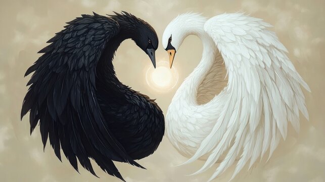 Two swans, one black and one white, curved necks and layered wings forming a heart around a soft glowing orb, peaceful and harmonious