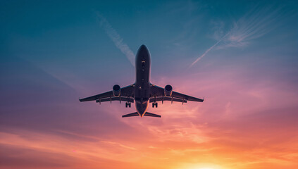 Obraz premium Airplane flying into a vibrant sunset sky with colorful clouds
