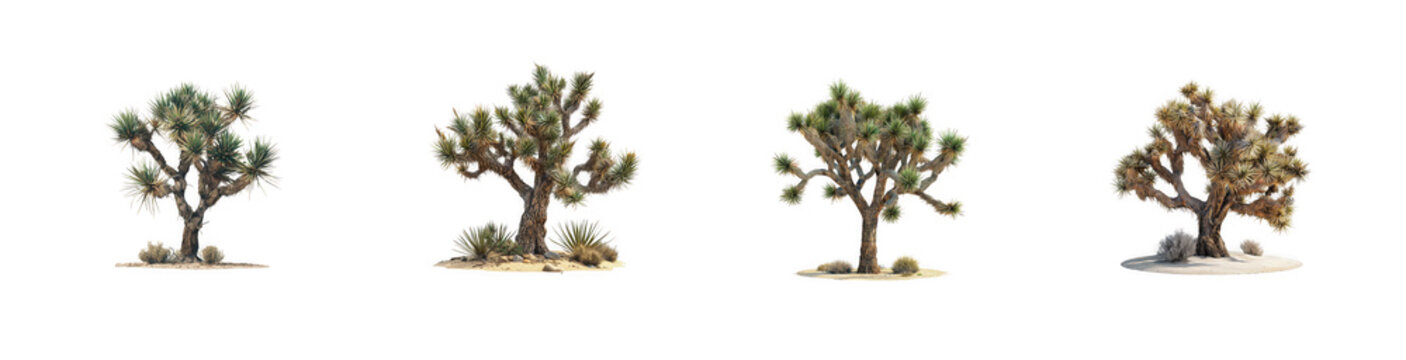 Four Joshua Trees isolated on white, showcasing desert plant diversity isolated on transparent background
