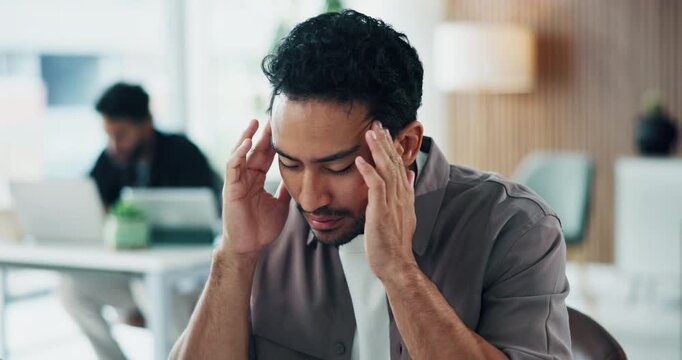 Man, stress or headache in office with computer, marketing crisis or fatigue from creative burnout. Coworking, exhausted person and migraine in advertising agency with desktop, problem or overworked.