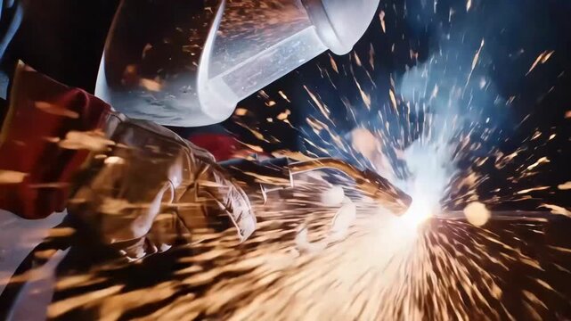 Closeup of welder using mig torch, sparks flying in dark setting