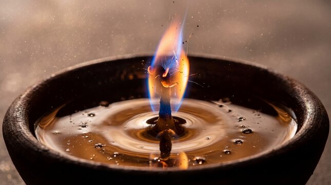 Close-up macro shot of a bright orange flame burning from a wick in a traditional oil lamp with sparks flying