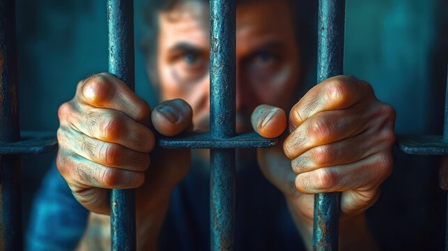 Close-up of rough hands gripping rusty metal bars, tense fingers and worn skin under cold blue light conveying confinement and despair