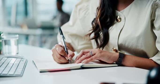 Secretary, hands or writing in notebook at desk, document schedule change or to do list for admin support. Office reminder, arrangement planner or person with calendar info notes, bokeh or track task