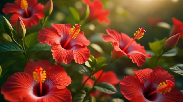 Vibrant Red Hibiscus Flowers Bloom With Green Leaves Soft Sunlight