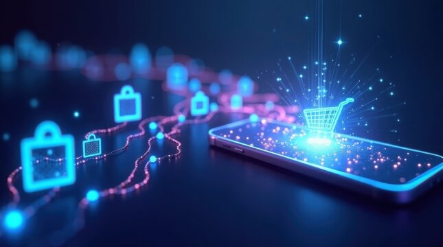 Abstract 3D render of shopping icons flowing as digital data into a smartphone, representing the speed of e-commerce.