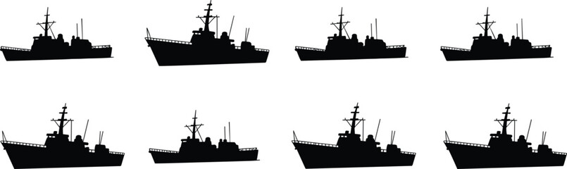 Eight black silhouettes of a naval warship on a white background Keywords: warship, navy, ship, military, vessel, boat © MstGolenur
