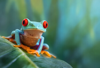 Red eyed tree frog sitting on a green leaf in tropical rainforest during humid daylight, wildlife macro photography capturing exotic amphibian in natural habitat for conservation, biodiversity concept
