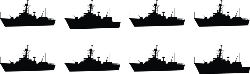 Eight black silhouettes of a naval warship on a white background Keywords: warship, navy, ship, military, vessel, boat © MstGolenur
