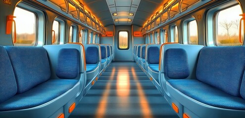 Fototapeta premium Empty modern train interior with blue upholstered seats, orange accents, overhead racks, windows and a sunlit aisle conveying a calm, serene and inviting atmosphere