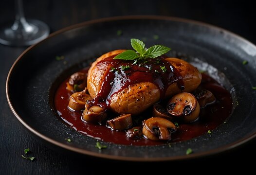 Gourmet braised mushrooms served in rich red sauce on a dark plate with mint garnish. coq au vin
