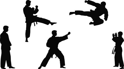 Silhouette figures practicing martial arts in various dynamic poses on a white background karate taekwondo © MstGolenur