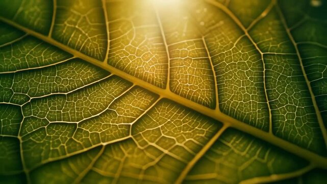 Macro View Of A Green Leaf Vein Structure With Golden Sunlight