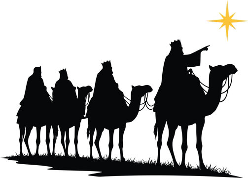 Silhouette of the three wise men riding camels towards a shining star in the desert night sky vector