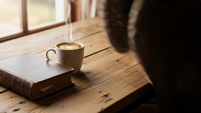 Cozy morning scene with book, coffee, and chunky knit blanket by window light