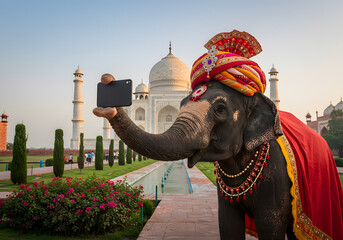 Elephant selfie at historical landmark