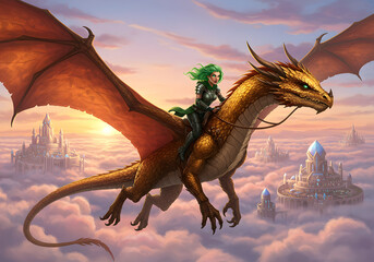 Female rider on golden dragon fantasy illustration