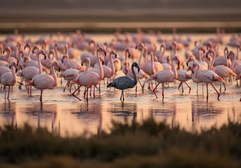 Flock of flamingos with one gray flamingo