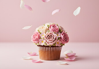 Floral cupcake decorated with piped cream