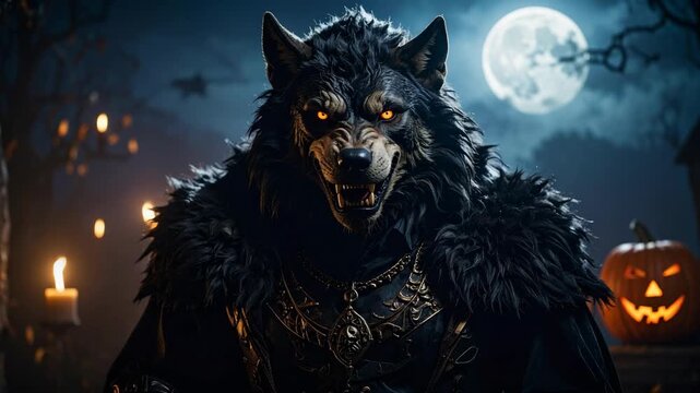 Fearsome werewolf with glowing eyes and ornate armor under a full moon on Halloween