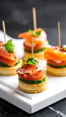 Salmon bites four appetizer stacks on a white plate, blurry background