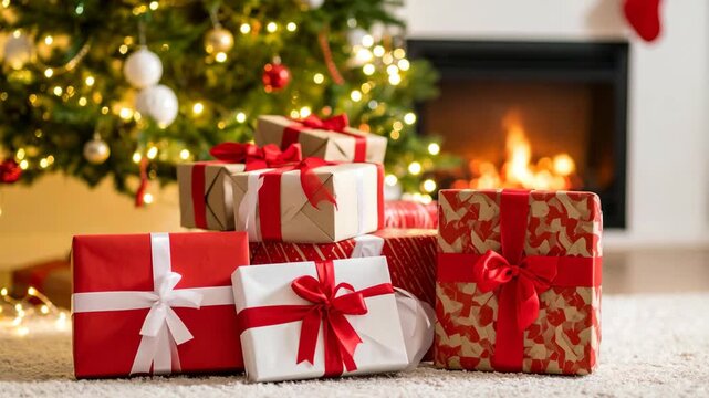 Christmas tree and gifts piled in front of a warm fireplace with glowing flames