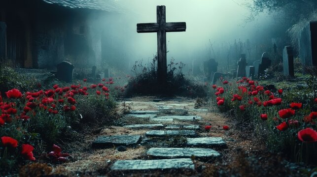 wooden cross at the end of a stone path in a foggy cemetery lined with red poppies, somber and haunting atmosphere