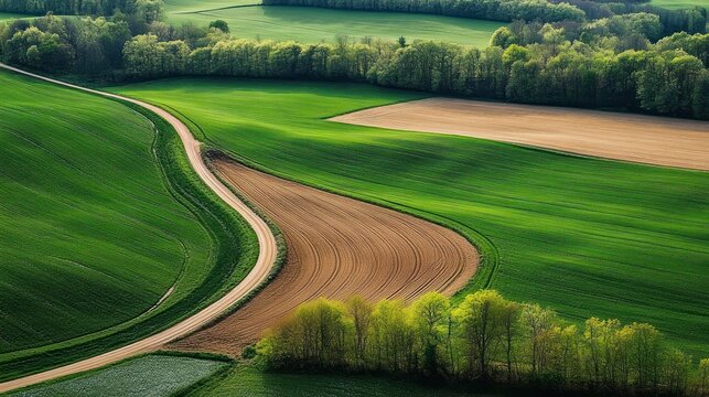 Aerial view of rolling green farmland with winding dirt road, freshly plowed brown field, crop rows, clustered trees and sunlit peaceful rural scenery