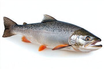 Obraz premium whole silvery trout with orange fins and speckled scales on white background, vibrant fresh lifelike presentation
