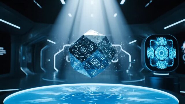 Futuristic Technology Crystal Display in Dark Room.