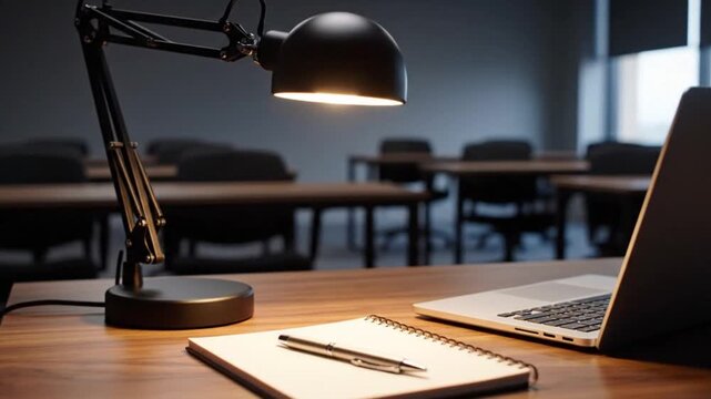 Desk lamp illuminates laptop and notepad on wooden table in office