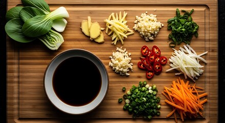 Fototapeta premium Fresh ingredients prepared for a delicious stir-fry meal with soy sauce. mise en place kitchen